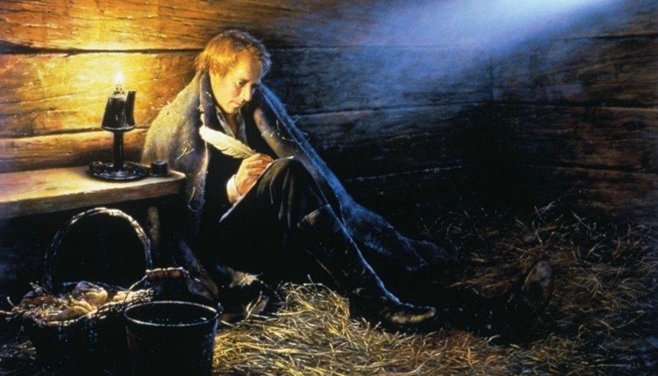 Joseph Smith escrevendo sentado sobre palhas na cadeia de Liberty