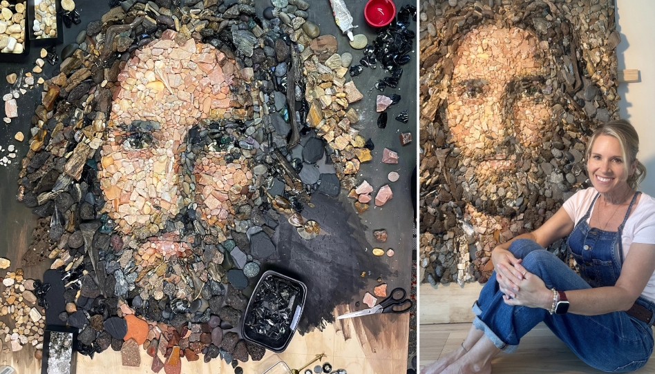 Uma Base Segura - retrato de Jesus Cristo feito em pedras e conchas e sua criadora ao lado da obra
